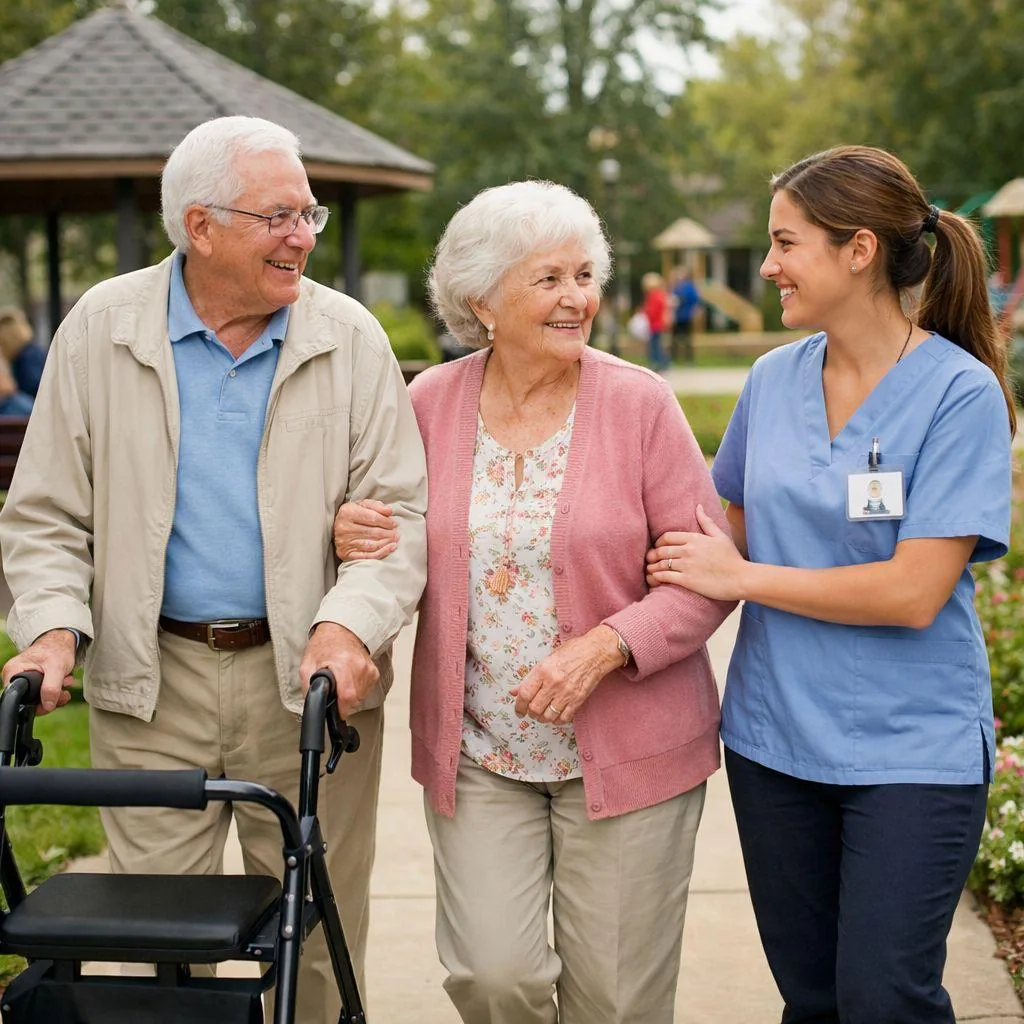 Caregiver accompanying an older couple outdoors